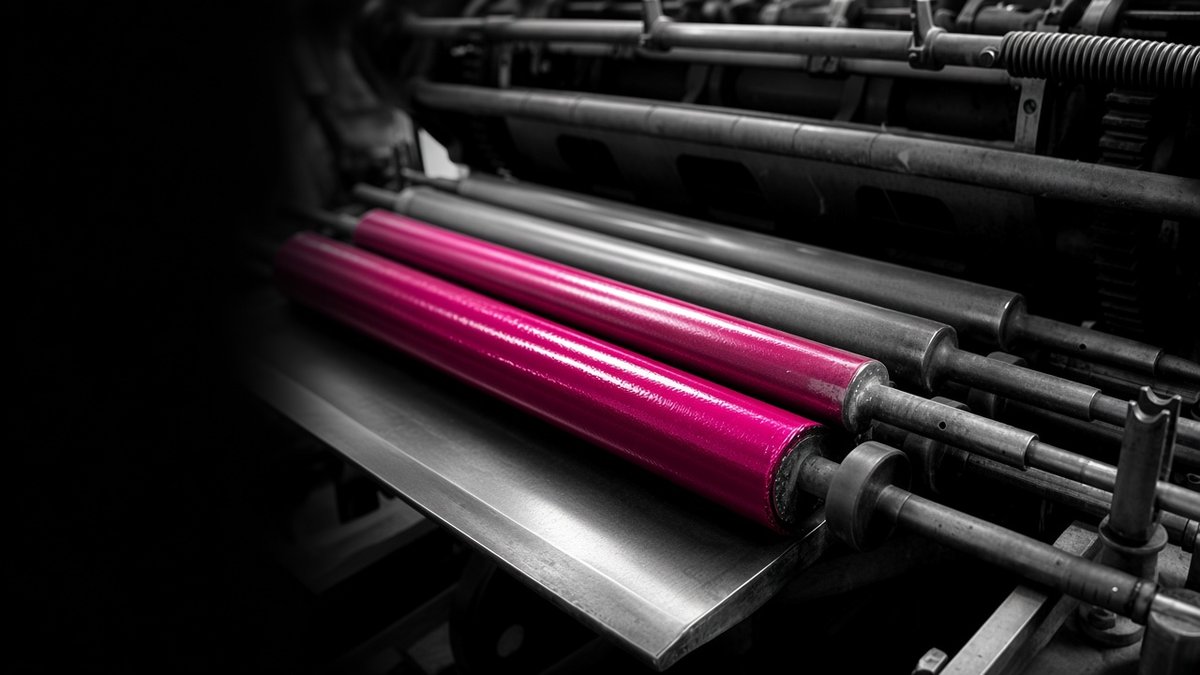 Printing press rollers with magenta ink