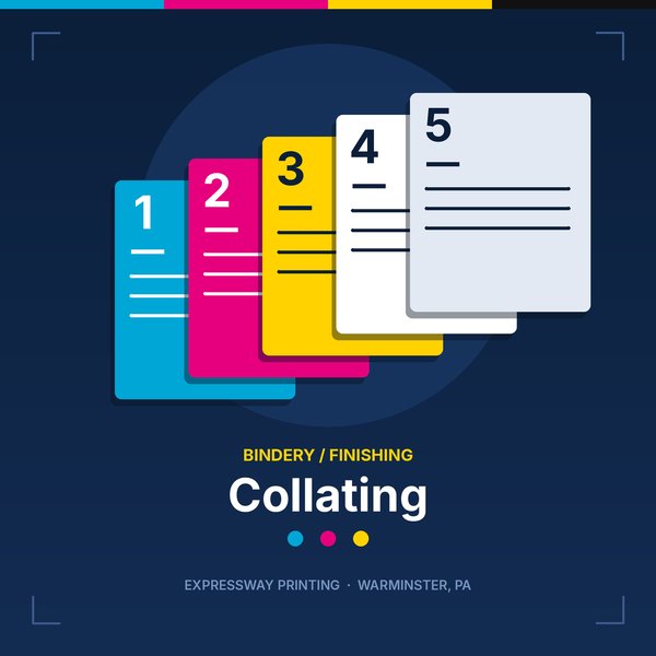 Illustration of numbered sheets of paper fanned out in order, representing collating