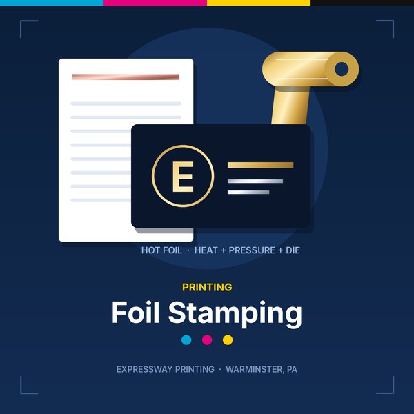 Illustration of a navy business card with a gold foil monogram, a letterhead with a rose gold foil band and a roll of gold foil