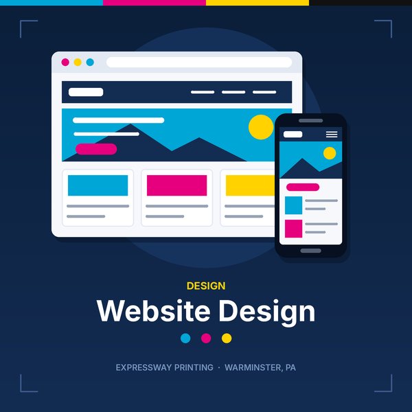 Illustration of a browser window showing a website layout beside a phone showing the same site in a mobile layout