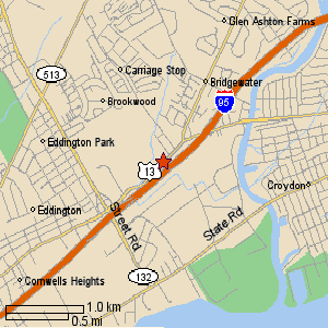 Map of the area around 3478 Bristol Pike, Bensalem, PA, with a star marking Expressway Printing Inc.